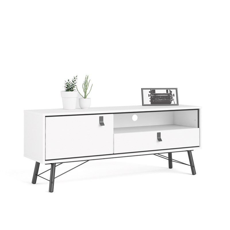Tvilum Ry 1 Door 1 Drawer TV Stand with Open Shelf in White & Matte Black