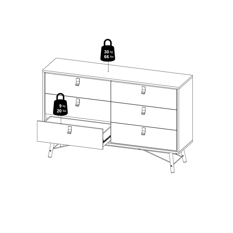 Tvilum Ry 6 Drawer Double Dresser in Black Matte and Walnut