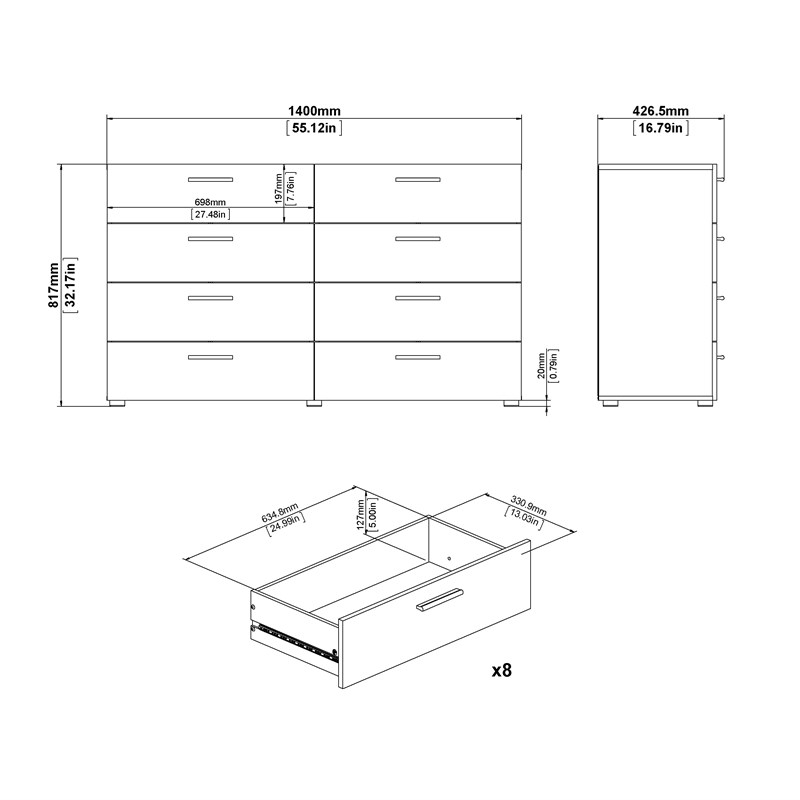 Tvilum Austin 8 Drawer Double Dresser in Oak Structure
