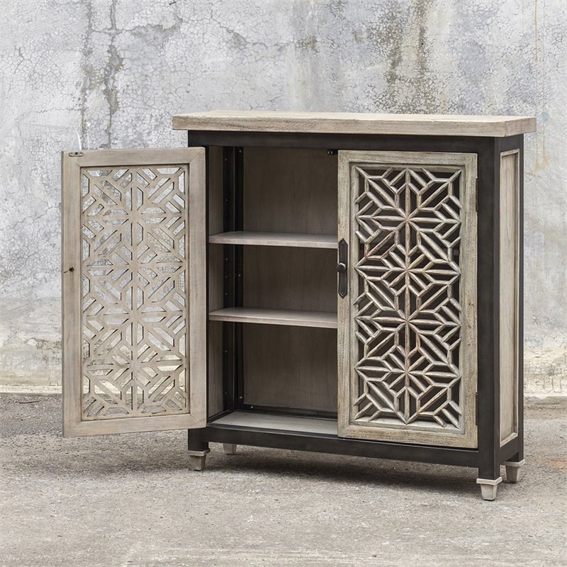 Uttermost Branwen Wood and Metal Accent Cabinet in Aged White and Light Gray