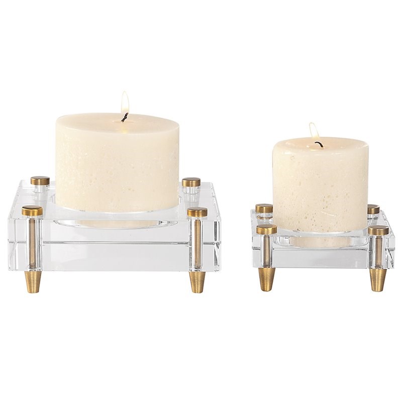 Uttermost Claire 2 Piece Crystal Block Candle Holder Set in Brass