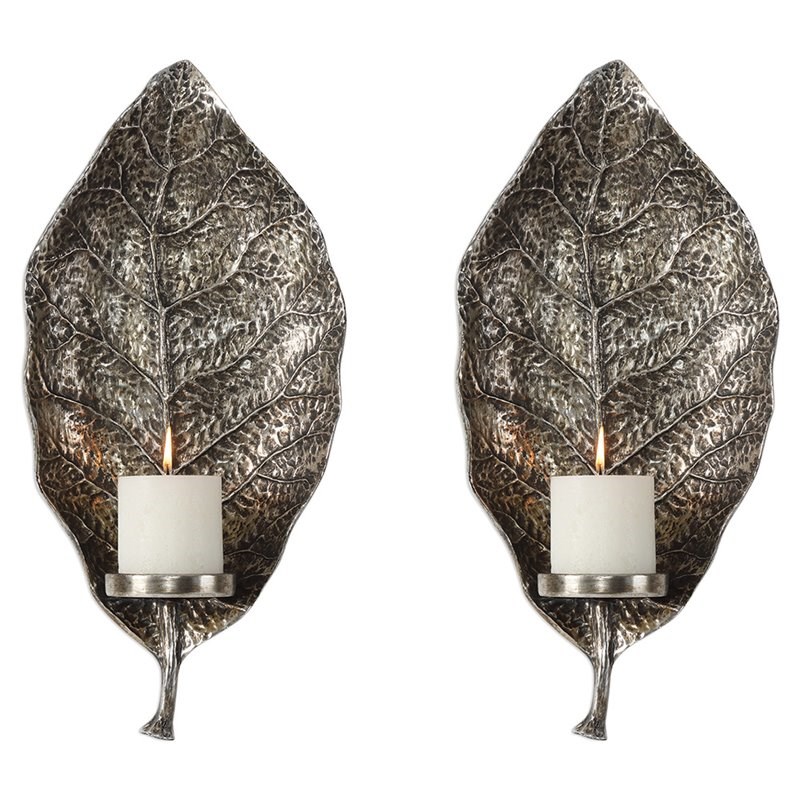 Uttermost Zelkova Leaf Candle Wall Sconce in Antique Silver (Set of 2)