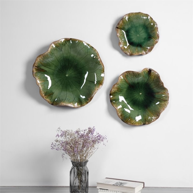 Uttermost Abella Transitional Ceramic Wall Decor in Forest Green (Set of 3)