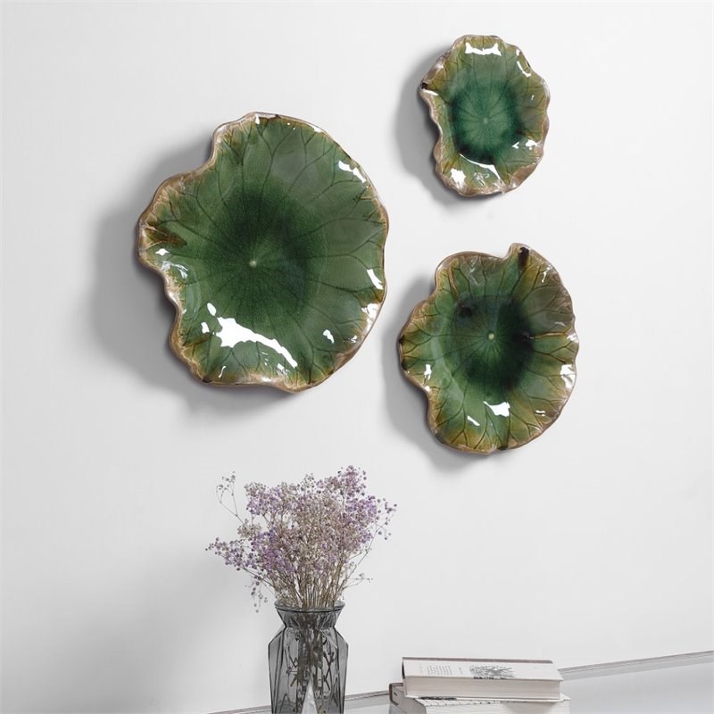 Uttermost Abella Transitional Ceramic Wall Decor in Forest Green (Set of 3)