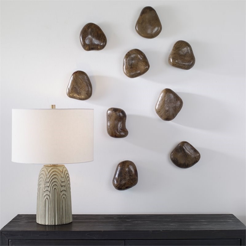 Uttermost Pebbles Contemporary Wood Wall Decor in Walnut (Set of 9)