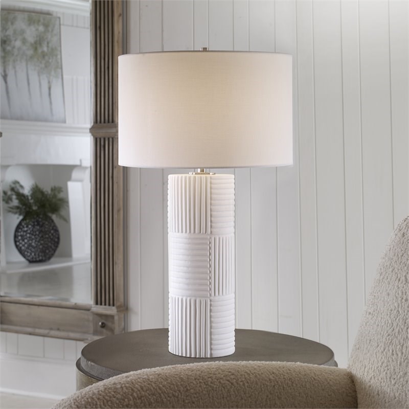 Uttermost Patchwork Contemporary Ceramic and Fabric Table Lamp in Satin White