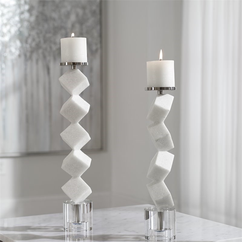 Uttermost Casen Marble and Crystal Cube Candleholders in White (Set of 2)