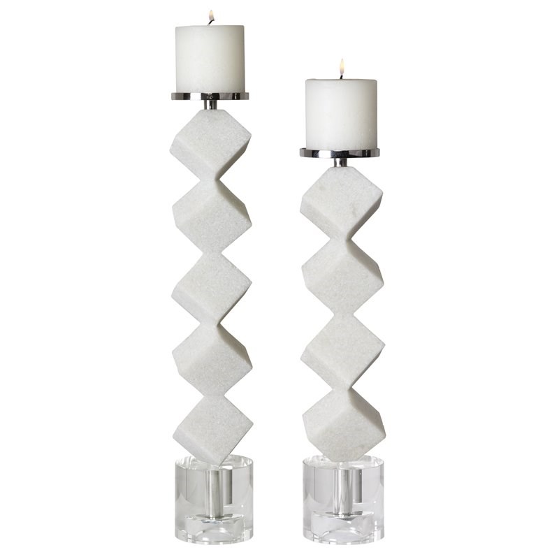 Uttermost Casen Marble and Crystal Cube Candleholders in White (Set of 2)