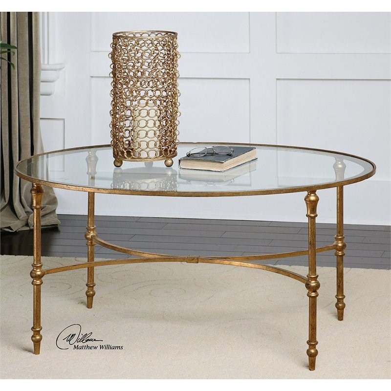 Uttermost Vitya Glass Oval Coffee Table in Gold Leafed | Homesquare