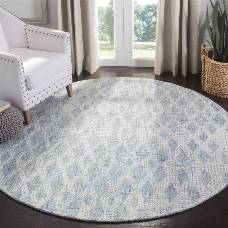 Safavieh Abstract 6' Round Hand Tufted Wool Rug in Ivory and Blue