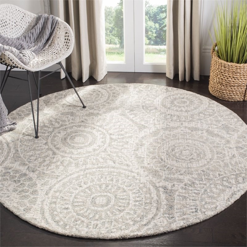 Safavieh Abstract 6' Round Hand Tufted Wool Rug in Ivory and Gray