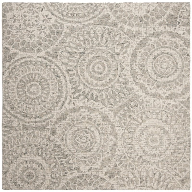 Safavieh Abstract 6' Square Hand Tufted Wool Rug in Ivory and Gray
