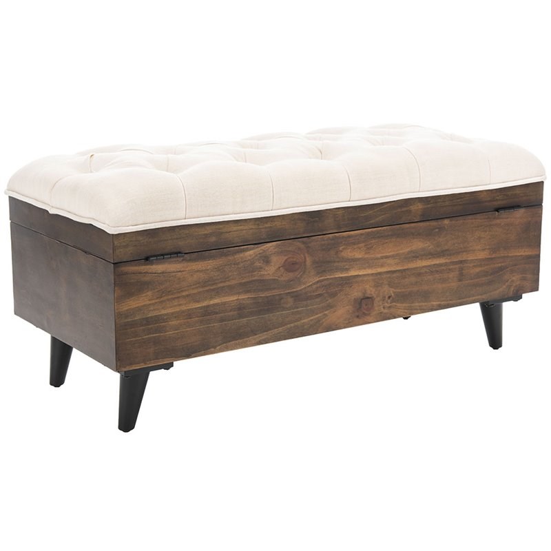 Safavieh Liam Tufted Storage Ottoman Bench in Light Beige and Dark Oak Homesquare