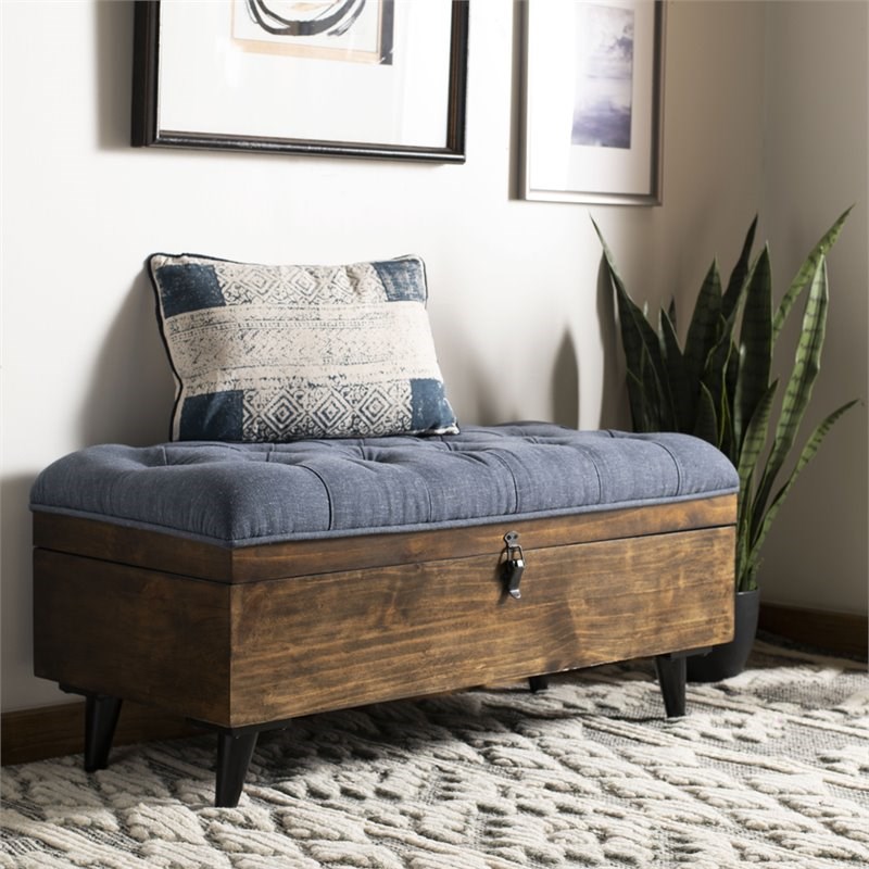 Safavieh Tufted Ottoman Bench in Navy and Dark Oak Homesquare
