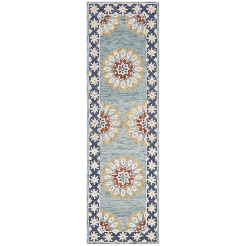 Safavieh BLM675-28 Blue Blossom 2' X 8' Runner Wool Hand Tufted Floral Area Rug 