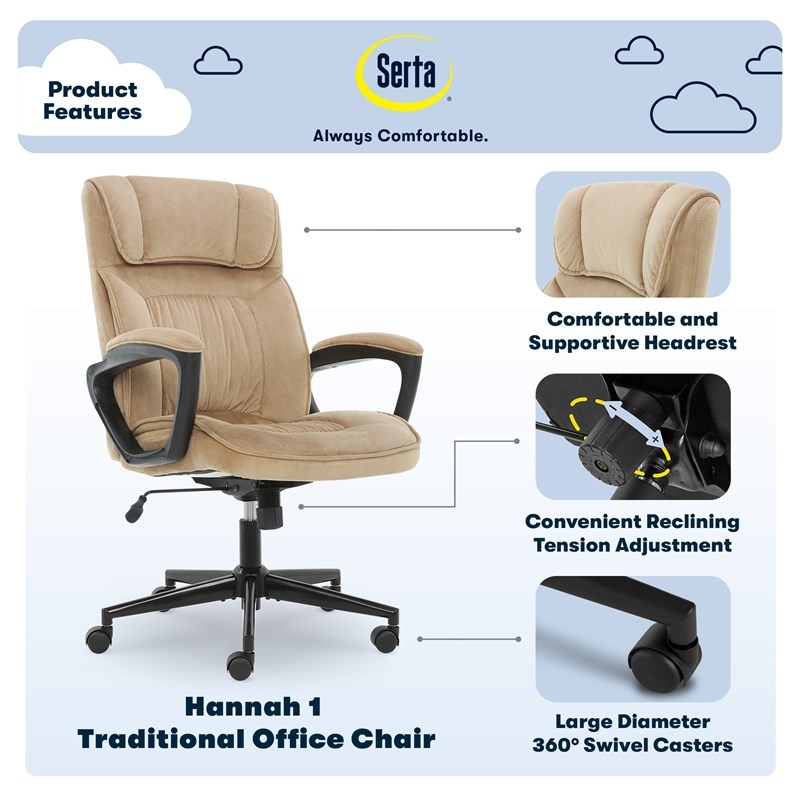 Serta Hannah Microfiber Office Chair with Headrest Pillow Plush Beige |  Homesquare