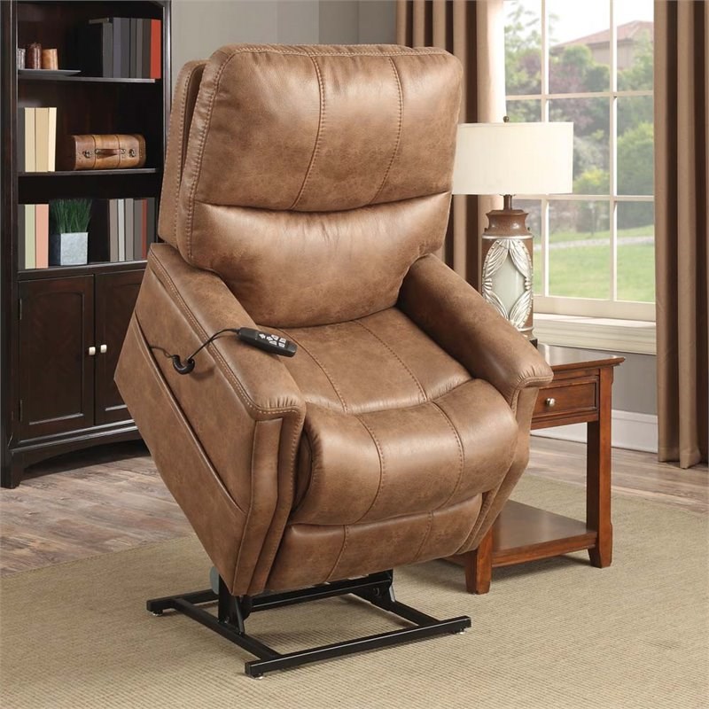 PRI Faux Leather Dual Motor Lift Chair w/ Battery Back Up in Saddle Brown
