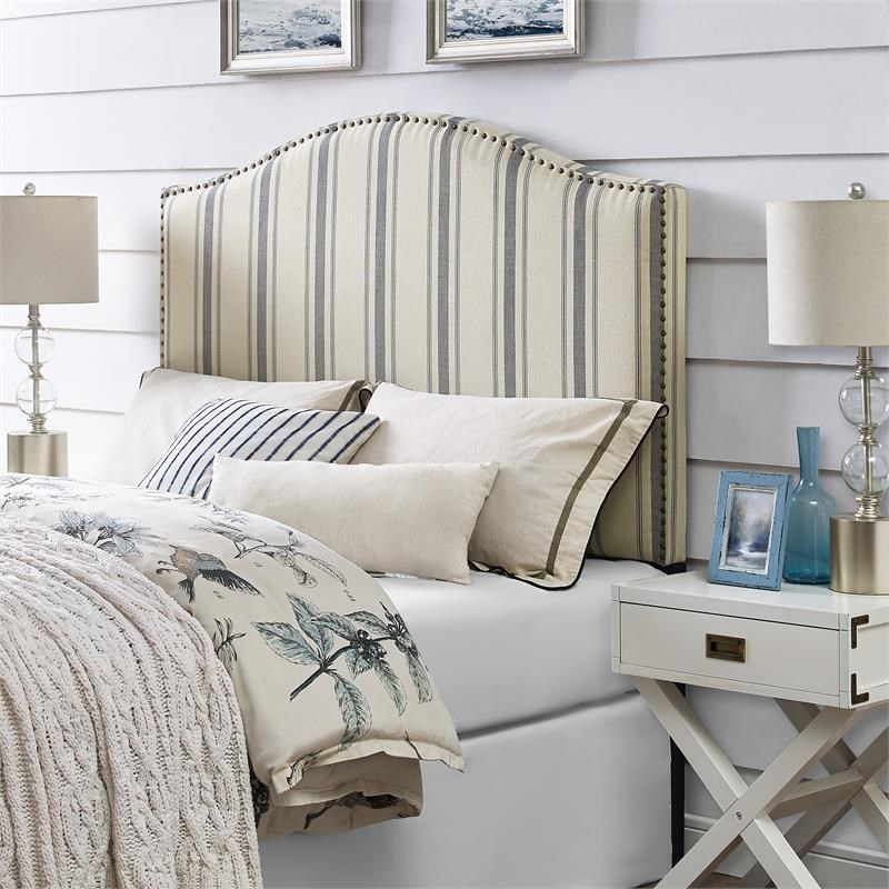 Home Fare Upholstered Camelback King Headboard in Cambridge Stripe