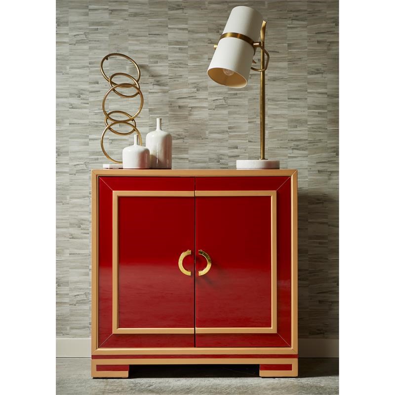 HomeFare  Two Door Reverse Painted Glass Accent Chest in Red and Gold