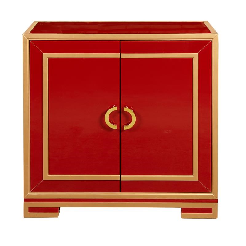 HomeFare  Two Door Reverse Painted Glass Accent Chest in Red and Gold