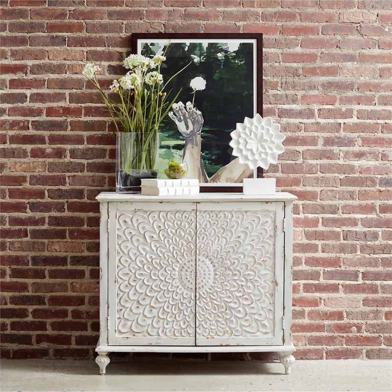 Home Fare Dahlia Carved Wood Chest in Weathered White