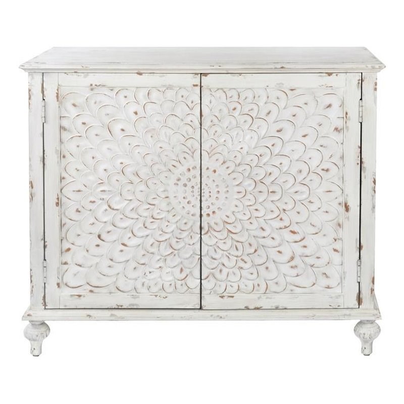 Home Fare Dahlia Carved Wood Chest in Weathered White