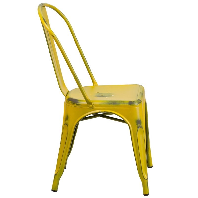 Flash Furniture Metal Curved Slat Back Dining Side Chair in Distressed Yellow