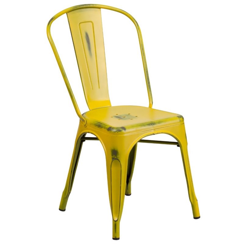 Flash Furniture Metal Curved Slat Back Dining Side Chair in Distressed Yellow