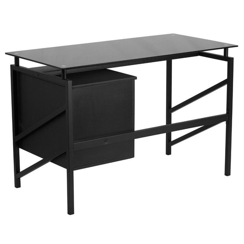 Flash Furniture 2 Drawer Glass Top Home Office Desk in Black