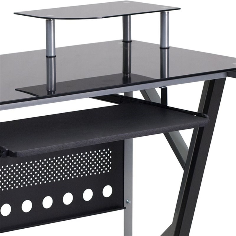 Flash Furniture Glass Top Computer Desk with CPU Cart in Black