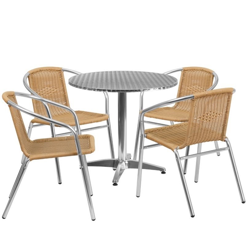 Flash Furniture 31.5Rd Aluminum Table Set-4 Ch In Beige