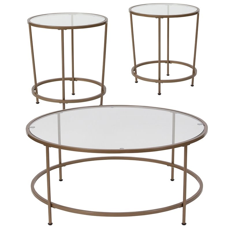 Flash Furniture Astoria 3 Piece Glass Top Coffee Table Set in Gold