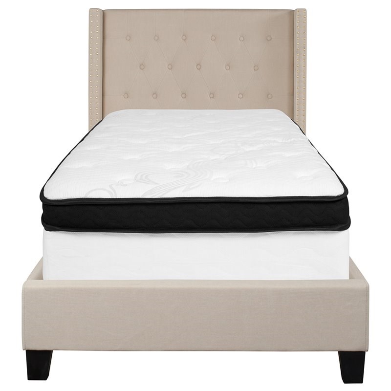 Flash Furniture Riverdale Tufted Twin Wingback Platform Bed in Beige