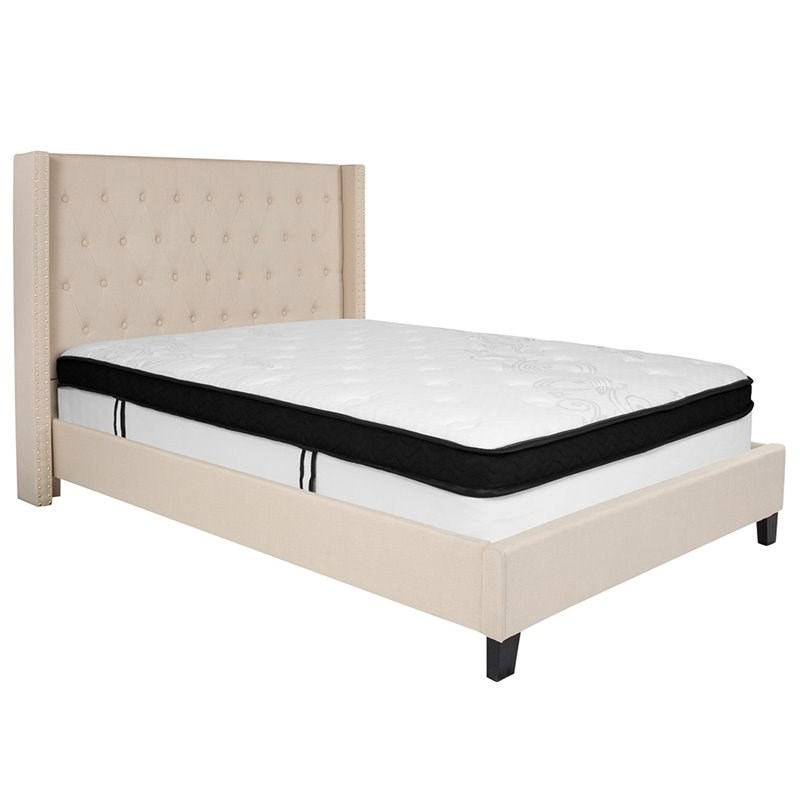 Flash Furniture Riverdale Tufted Full Wingback Platform Bed in Beige