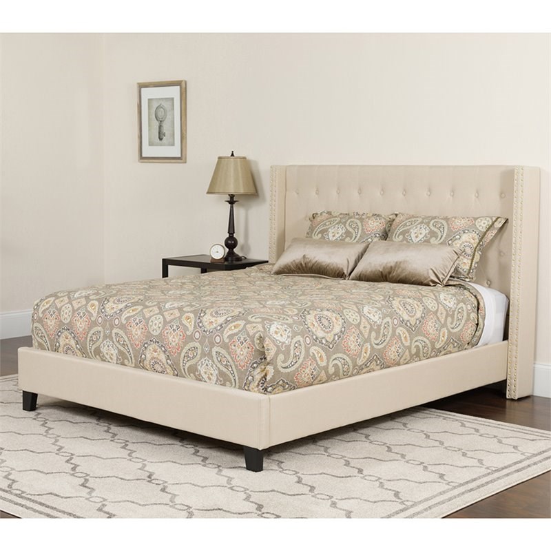 Flash Furniture Riverdale Tufted Queen Wingback Platform Bed in Beige
