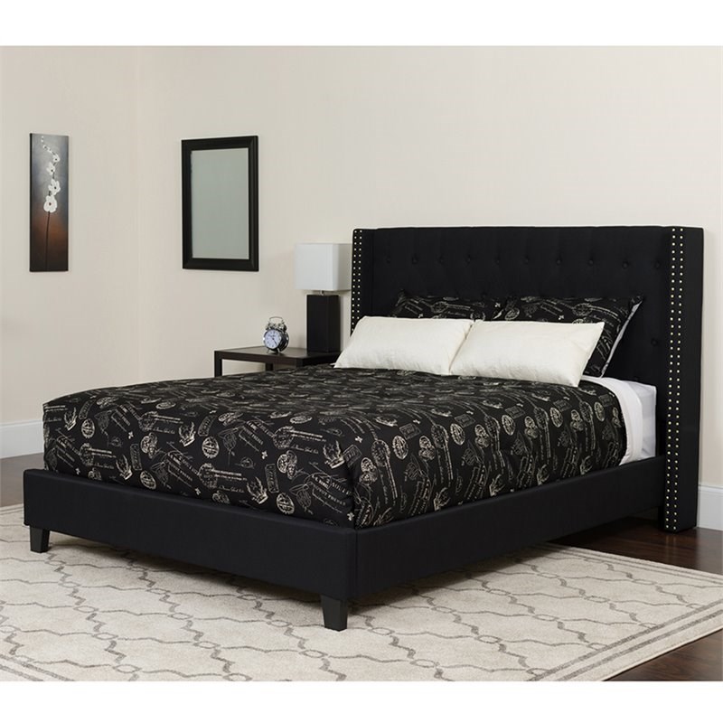 Flash Furniture Riverdale Tufted Queen Wingback Platform Bed in Black