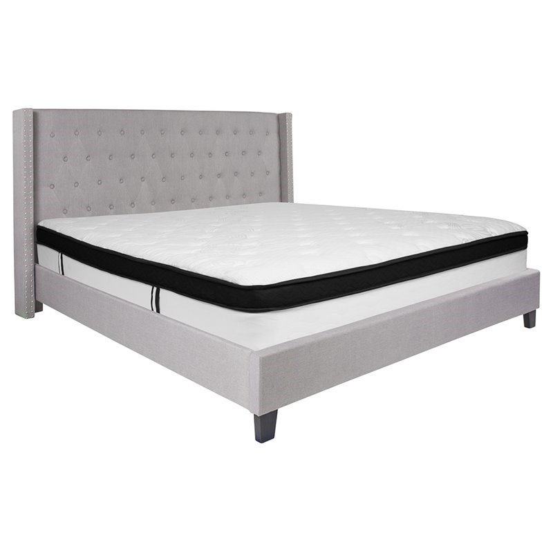 Flash Furniture Riverdale Tufted King Wingback Platform Bed in Gray