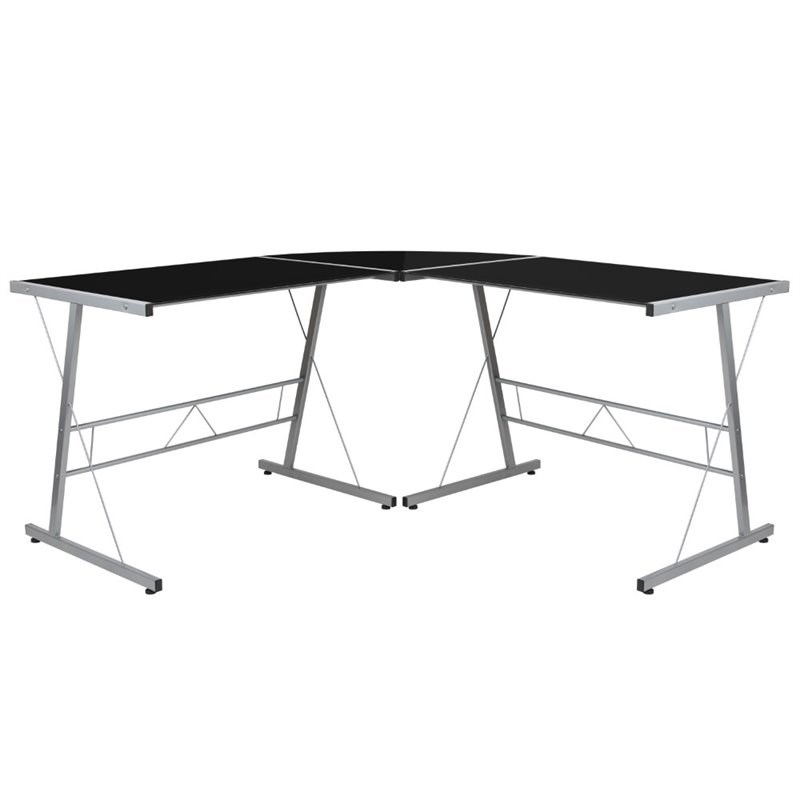 Flash Furniture Glass Top L Shaped Writing Desk in Black and Silver