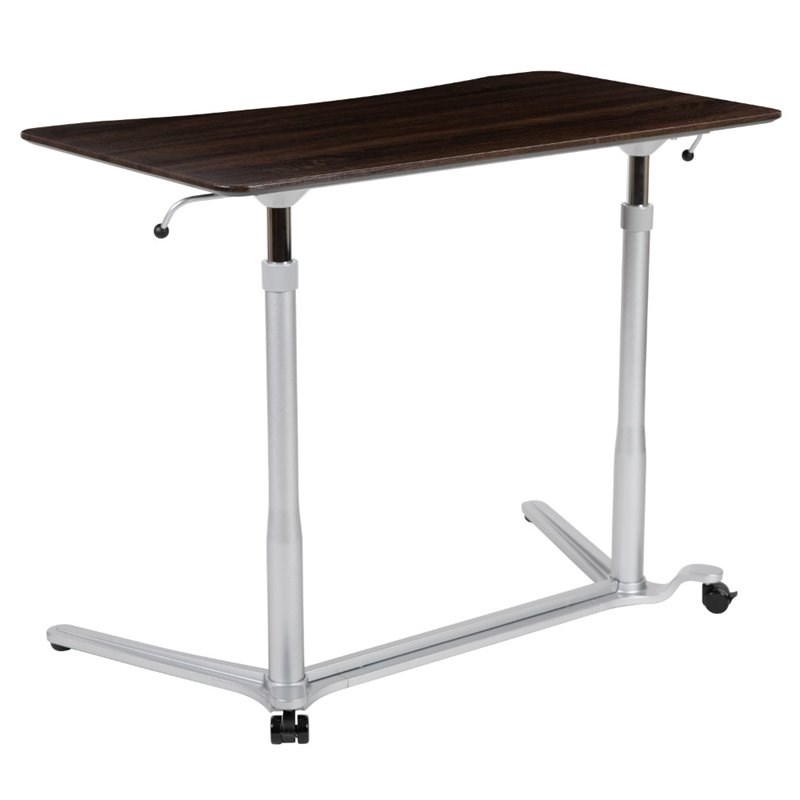 Flash Furniture Sit Down and Stand Up Desk in Dark Wood Grain and Silver