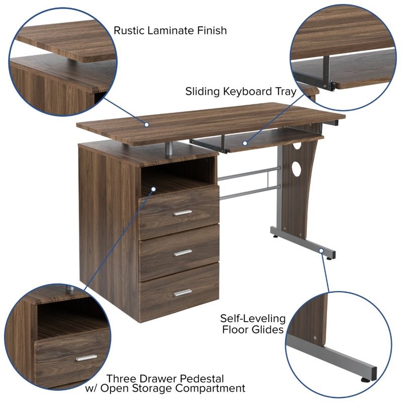 Flash Furniture Pedestal Computer Desk in Rustic Walnut