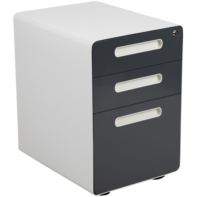 Flash Furniture 3 Drawer Modern Mobile File Cabinet in White and Charcoal
