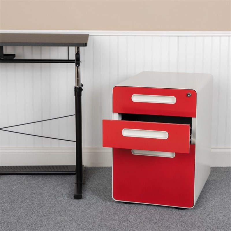 Flash Furniture 3 Drawer Modern Mobile File Cabinet in White and Red