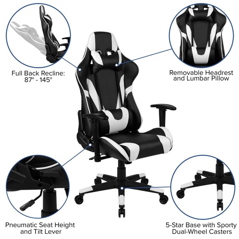 Flash Furniture Leather Racing Swivel Reclining Gaming Chair in Black and White