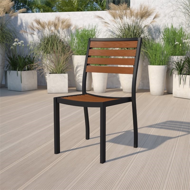 Flash Furniture Patio Dining Side Chair with Poly Slats in Faux Teak