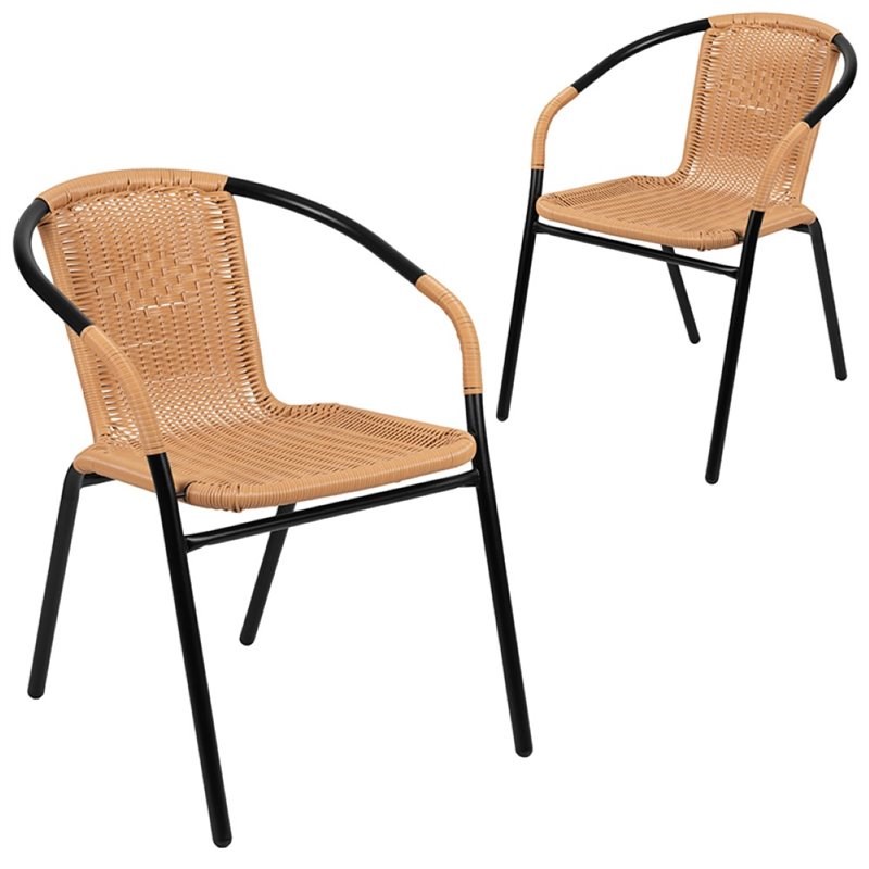 Flash Furniture Rattan Stacking Restaurant Dining Arm Chair in Beige (Set of 2)