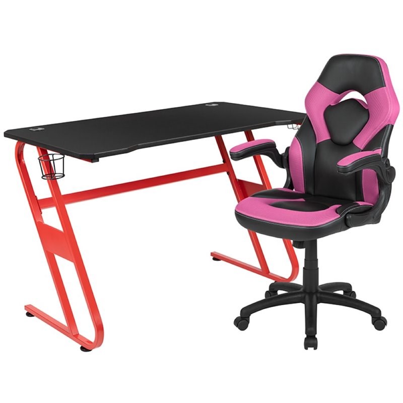 Flash Furniture Gaming Desk and Racing Swivel Chair Set in Red and Pink
