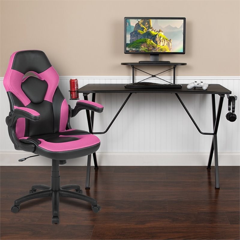 Flash Furniture Gaming Desk and Racing Swivel Chair Set in Black and Pink