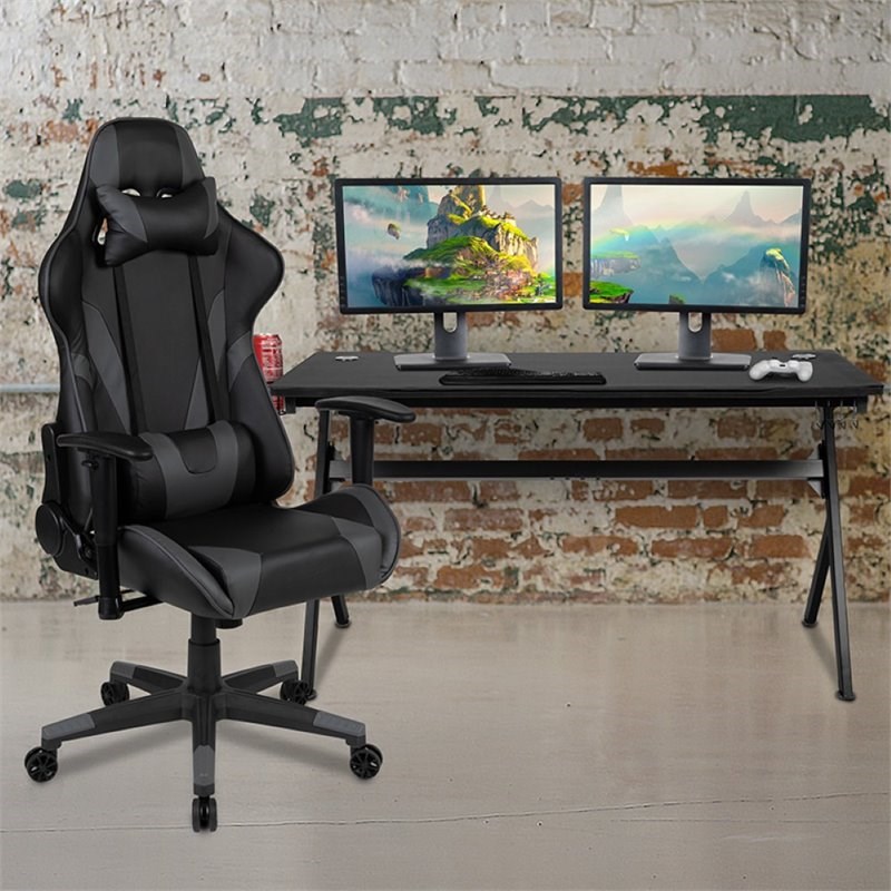 Flash Furniture Gaming Desk and Racing Reclining Chair Set in Black and Gray