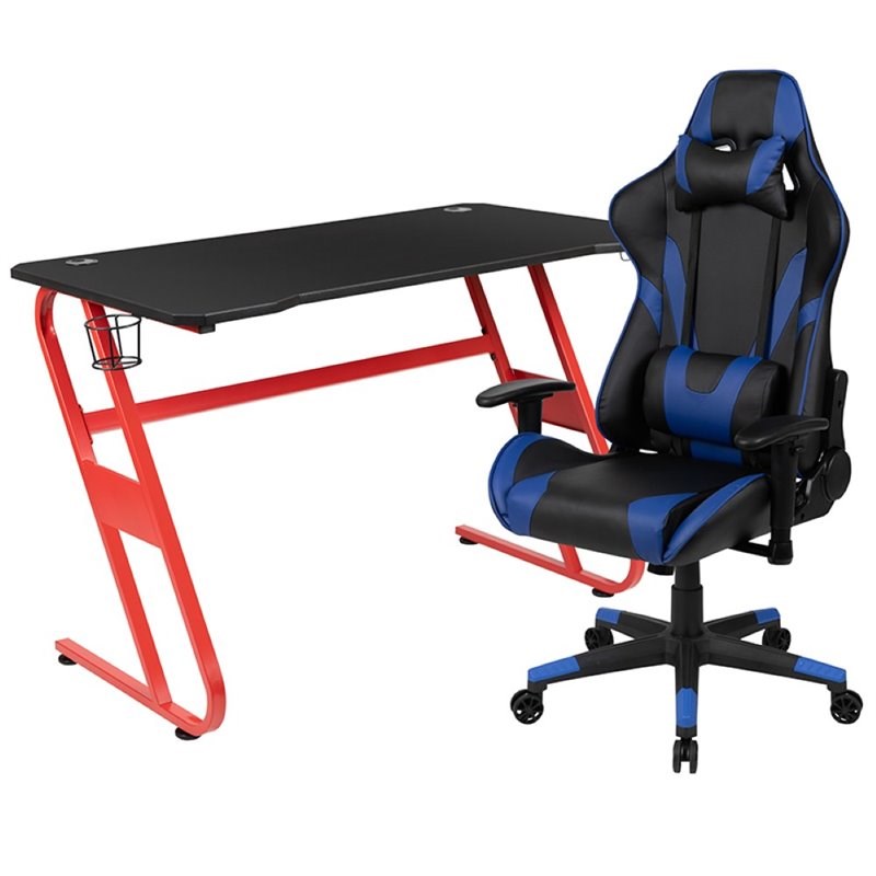 Flash Furniture Gaming Desk and Racing Reclining Chair Set in Red and Blue