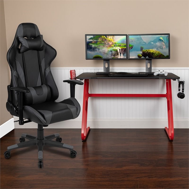 Flash Furniture Gaming Desk and Racing Reclining Chair Set in Red and Gray
